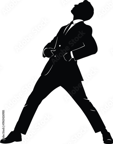 Black silhouette of a businessman in a suit leaning back with confidence, professional success, ambitious male leader, and corporate achievement vector.