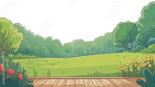 A serene pastoral landscape featuring rolling green hills and a distant forest line.