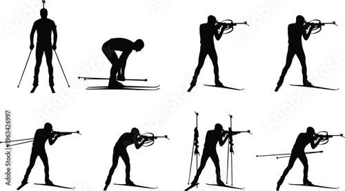 Black silhouette illustration of athletes performing biathlon sport combining skiing, rifle shooting, endurance, and precision in dynamic poses