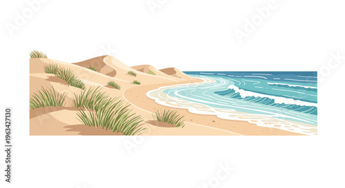 A vibrant sandy beach with rolling dunes and scattered green grasses meets a turquoise ocean with white-capped waves.