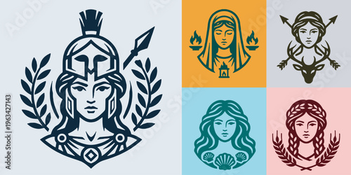 Collection of stylized female deity icons representing different mythological figures and concepts.