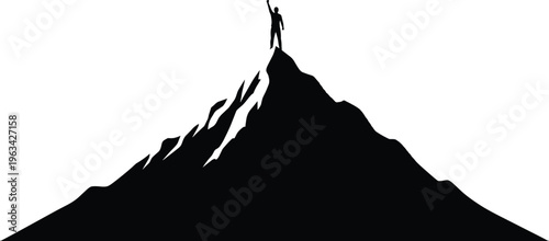Black silhouette of a man standing on mountain peak with raised arm representing success achievement leadership goals and overcoming career challenges