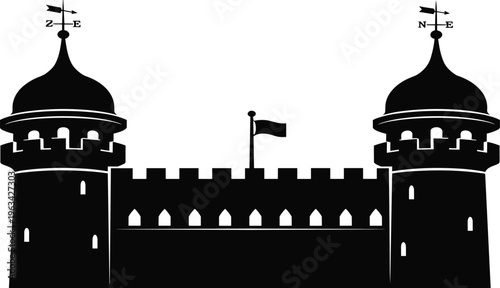 Black silhouette of a medieval castle fortress with two towers, weather vanes, battlements, and a flag for heraldic vector design.