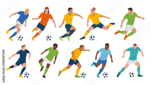 Colorful team of diverse athletes playing soccer on a field