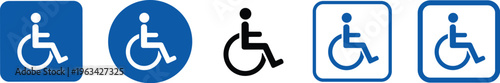 A collection of five blue and white accessibility icons depicting a person in a wheelchair symbolizing disabled access high quality professional detailed modern