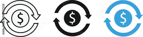 A set of three icons depicting a dollar sign within a circular arrow shown in outline solid and blue color schemes high quality