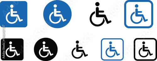 A collection of accessibility symbols depicting individuals in wheelchairs presented in various colors and formats for universal recognition high quality professional detailed modern