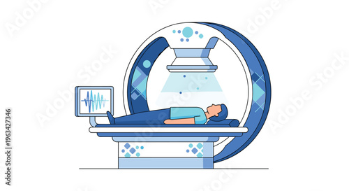 A person undergoes a medical scan inside a large, futuristic blue and white machine with a monitor displaying a waveform.