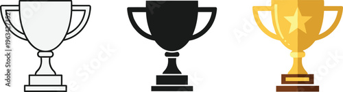 A trio of trophy illustrations showcases variations in color and style presenting a white black and gold award design high quality professional detailed