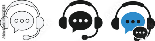 This image displays three variations of a customer service headset icon representing communication and support options visually high quality professional detailed modern elegant