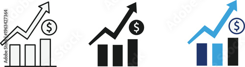 A visual representation displays three ascending financial charts with dollar signs indicating growth success and economic progress high quality professional detailed modern elegant