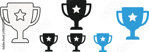 A collection of stylized trophy icons in varying colors and sizes featuring a prominent five pointed star design on each high quality professional