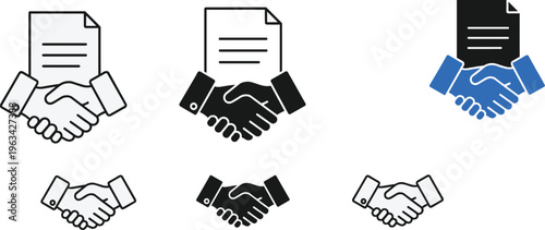 A series of icons depicting handshakes with documents presented in varying colors and styles symbolizing agreements high quality professional detailed modern elegant stylish