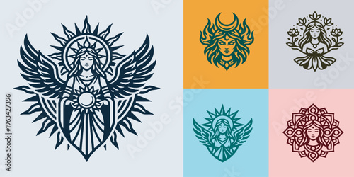 Collection of stylized mythical female figures with celestial and floral elements, presented in a graphic art style.