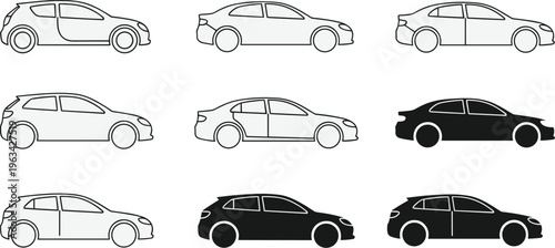 A collection of nine vehicle outlines featuring various car body styles in monochrome presented on a clean white background high quality professional detailed