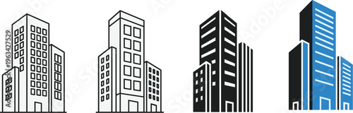 A series of four stylized skyscraper illustrations progressing from white outline to solid black and concluding with blue accents high quality professional detailed