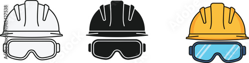 Three construction helmets in varying colors white black and yellow are displayed alongside protective eyewear high quality professional detailed modern elegant stylish clean