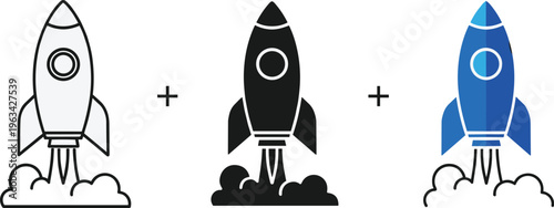 A visual progression of a rocket ship is depicted transitioning from a grayscale outline to a solid black form and finally a blue