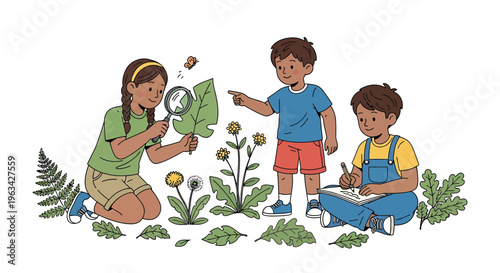 Three young campers studying plants and insects in a natural outdoor setting with magnifying glass