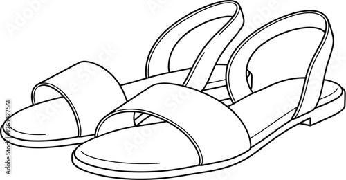 A minimalist line drawing showcases a pair of elegant open toed sandals featuring a simple strap design and flat soles high quality professional