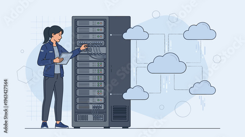 A female technician examines a server rack interacting with cables while cloud network diagrams float in the background high quality professional detailed modern