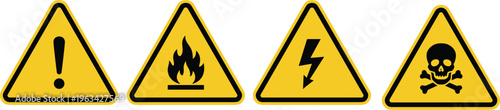 A collection of four yellow warning signs depicting various hazards including exclamation flame electricity and skull high quality professional detailed modern elegant stylish
