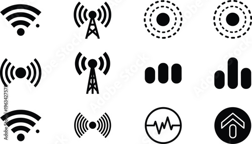 A collection of black and white vector icons depicting various wireless communication and signal strength symbols high quality professional detailed modern elegant stylish