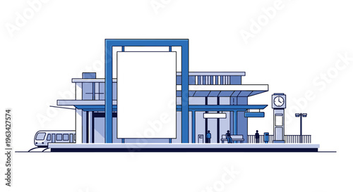 A modern train station with a large vertical billboard, a train, and waiting passengers is depicted in a detailed flat illustration on a white background.