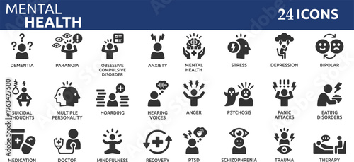 Mental health 24 icon set. Containing depression, bipolar, PTSD, panic and mind disorder icons.