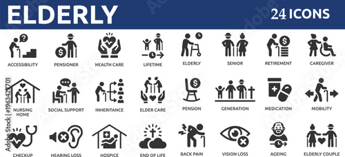 Elderly 24 icon set. Containing senior, retirement, caregiver, accessibility, health, care, pensioner, generation, hospice, ageing and nursing home icons.
