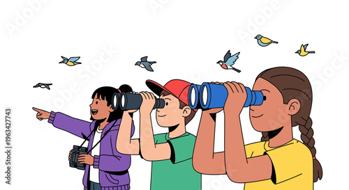 Children watching birds with binoculars outdoors in nature