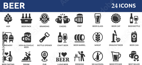 Set of 24 icons related to beer drink. Linear icon collection.