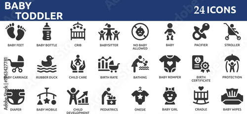 Baby 24 icon set. Toddler icons collection. Containing newborn, nursery, childhood, infant and parenting icon