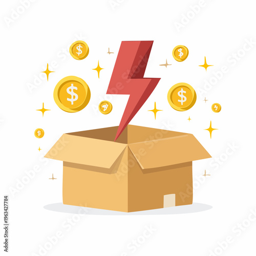 Flat lay illustration of a cardboard box with a red lightning bolt and gold coins with dollar signs floating out, on a white background with sparkles.