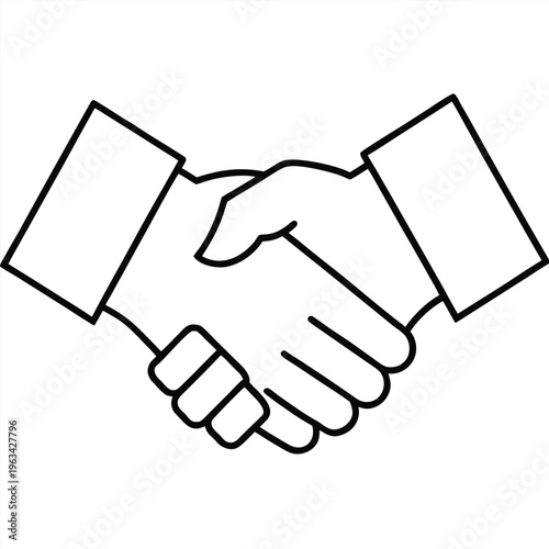 Simple black outline vector graphic illustration representing two hands joining firmly together in a professional handshake agreement