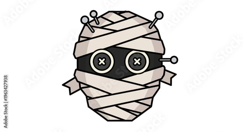 Cartoon mummy head with pins and buttons.