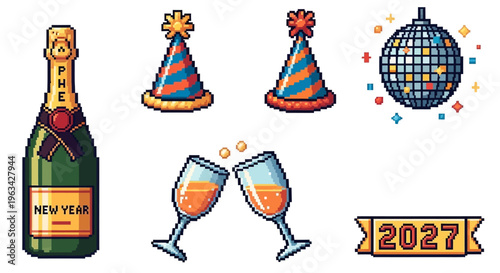 Champagne bottle and party glasses.