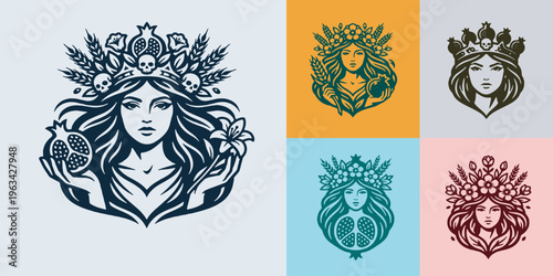 Mysterious Goddess with Crown of Skulls and Pomegranate, Symbolizing Life and Death.