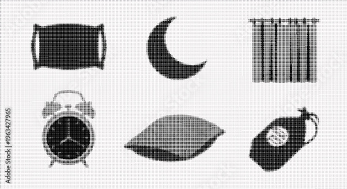 Halftone style icons of bedroom objects and symbols  pillow moon curtain alarm clock eye mask mug
