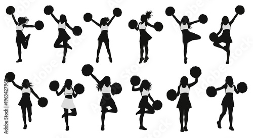 Cheerleaders in various poses with pompoms.