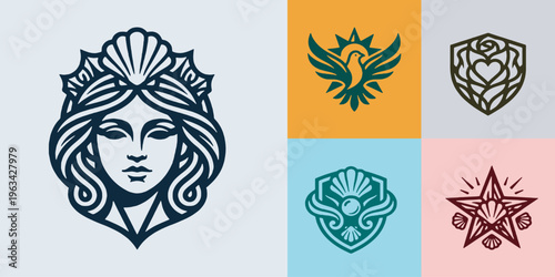 Collection of stylized graphic emblems featuring a woman's face, a bird, a rose, and a star with marine elements.