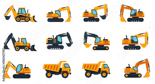 Collection of heavy construction vehicles icons.