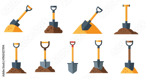 Collection of shovels in various positions.