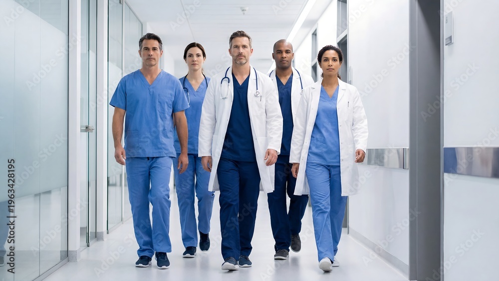 Fototapeta premium Medical team walking down a hospital corridor together confidently