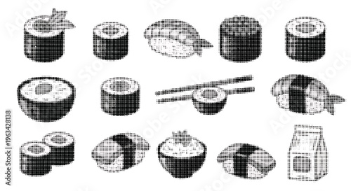 Halftone sushi and maki rolls with chopsticks icons set on white background