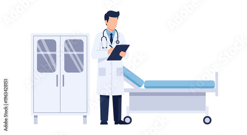 Doctor in white lab coat standing.