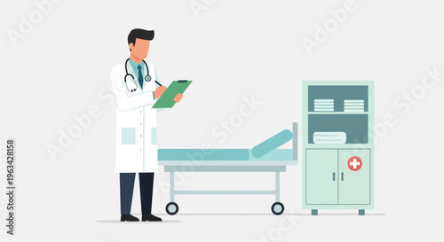 Doctor standing with medical clipboard.