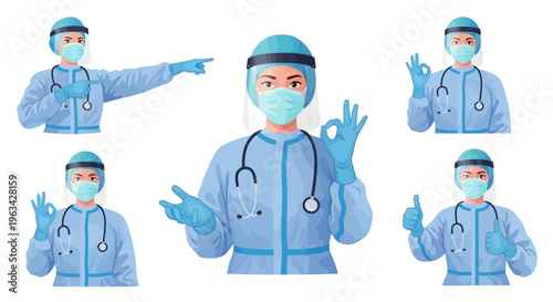 Doctor in protective medical gear gesturing.