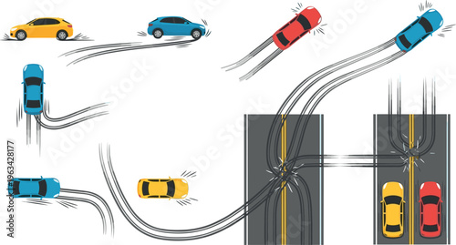 Car skid marks and turning paths set with drifting vehicles road curves and tire track motion vector illustration