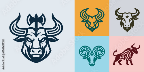 Collection of stylized bull and ram head logos and icons, representing strength and power.